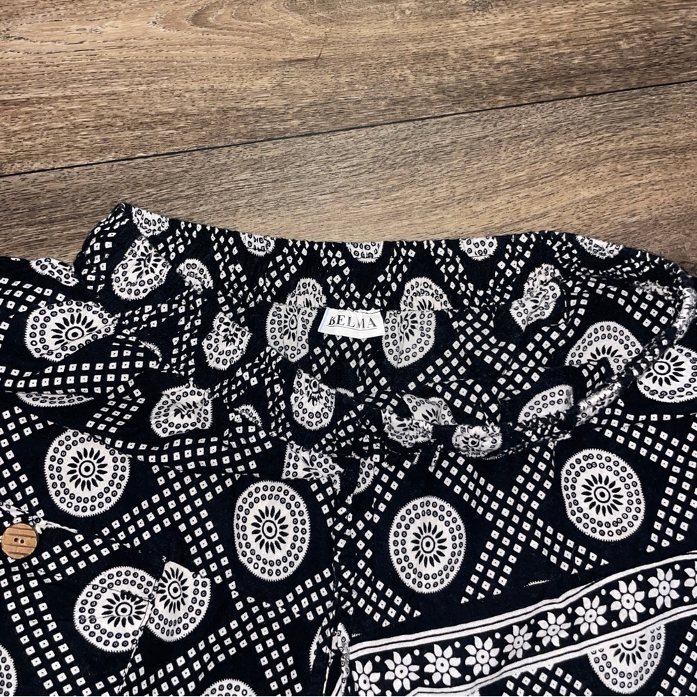 BELMA Boho Harem Pants Black White Cotton Elastic Waist OS - Picture 6 of 7